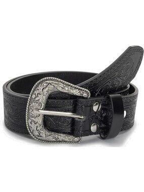 Unisex Black Leather Belt Western Vintage Belt Engraved Cowboy Cowgirl Belt